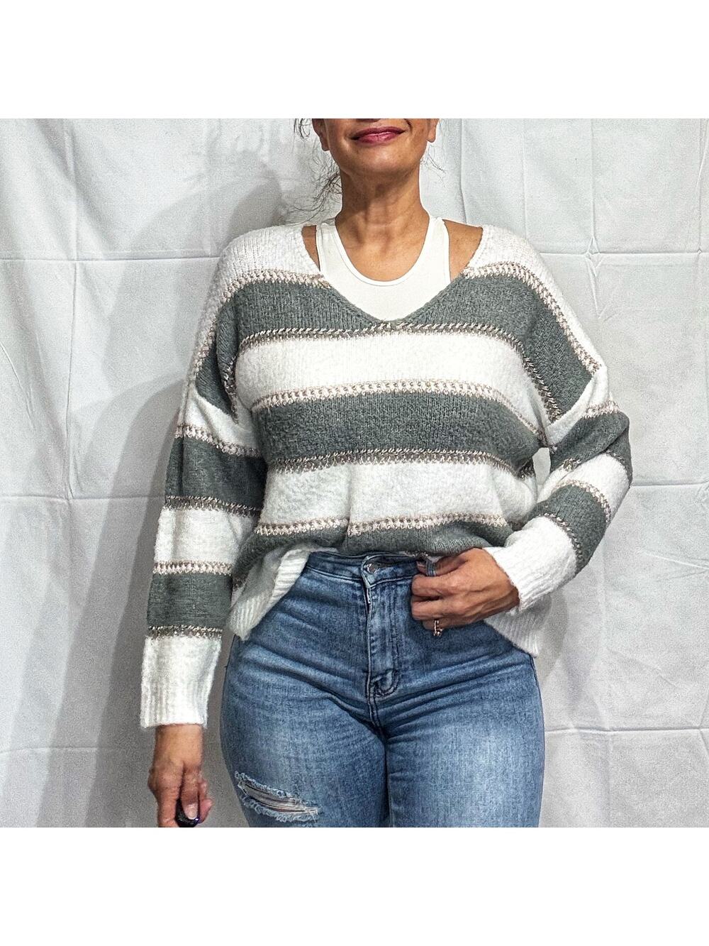 Elan Sweater Stripe V-Neck Long Sleeve Sz M NWOT